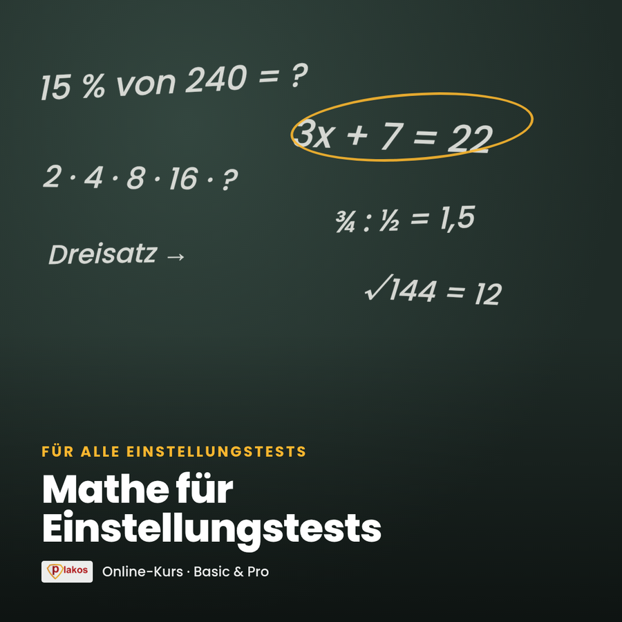 Mathe für Einstellungstests – Plakos Akademie Online-Kurs, für Deutschland, Österreich und die Schweiz